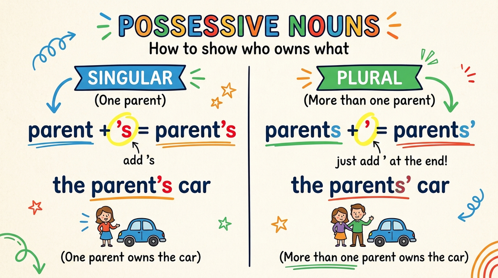 Diagram showing how apostrophe placement changes parent’s into parents’ depending on whether the noun is singular or plural.