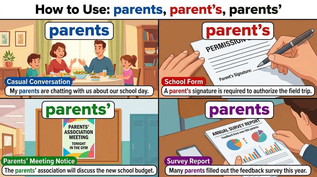 Four everyday examples illustrating parents, parent’s, and parents’ in sentences about family, school, meetings, and research.