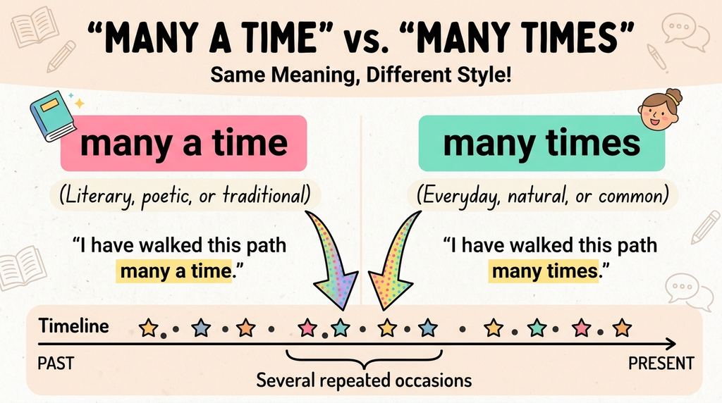 Comparison of many a time and many times showing repeated occasions on a timeline.