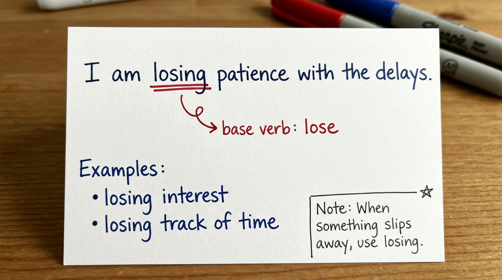 Grammar example highlighting losing in the phrases losing patience, losing interest, and losing track of time.