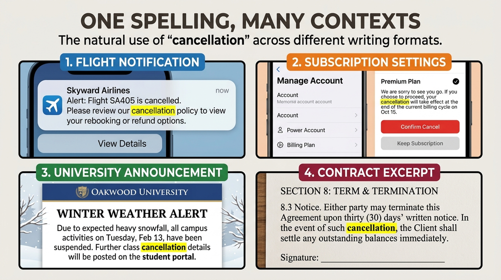 Examples of cancellation used in travel notices, subscription settings, academic announcements, and contracts.