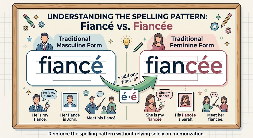 An educational diagram highlighting the extra final e in the spelling of fiancée.