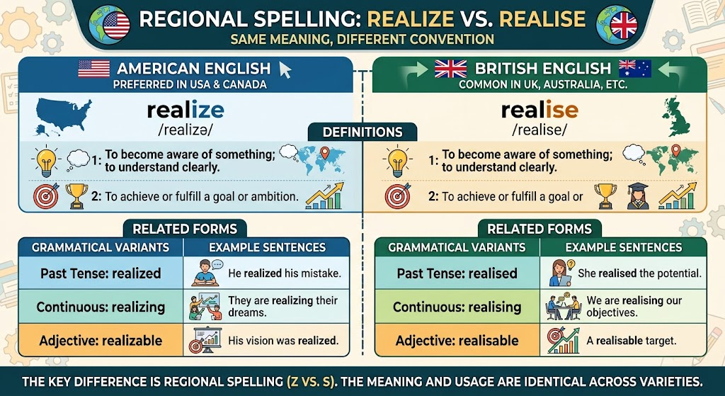 Comparison showing American and British spellings of realize and realise with related word forms.