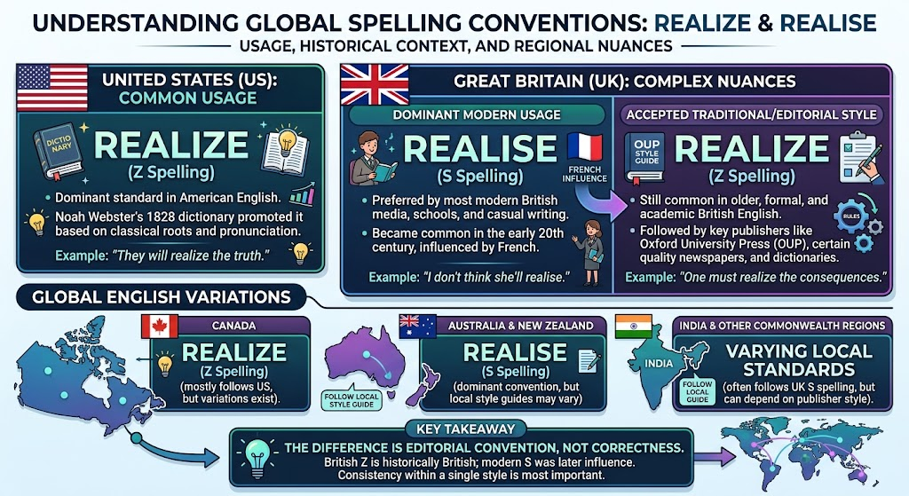 Diagram showing regional preferences for realise and realize across major English varieties.