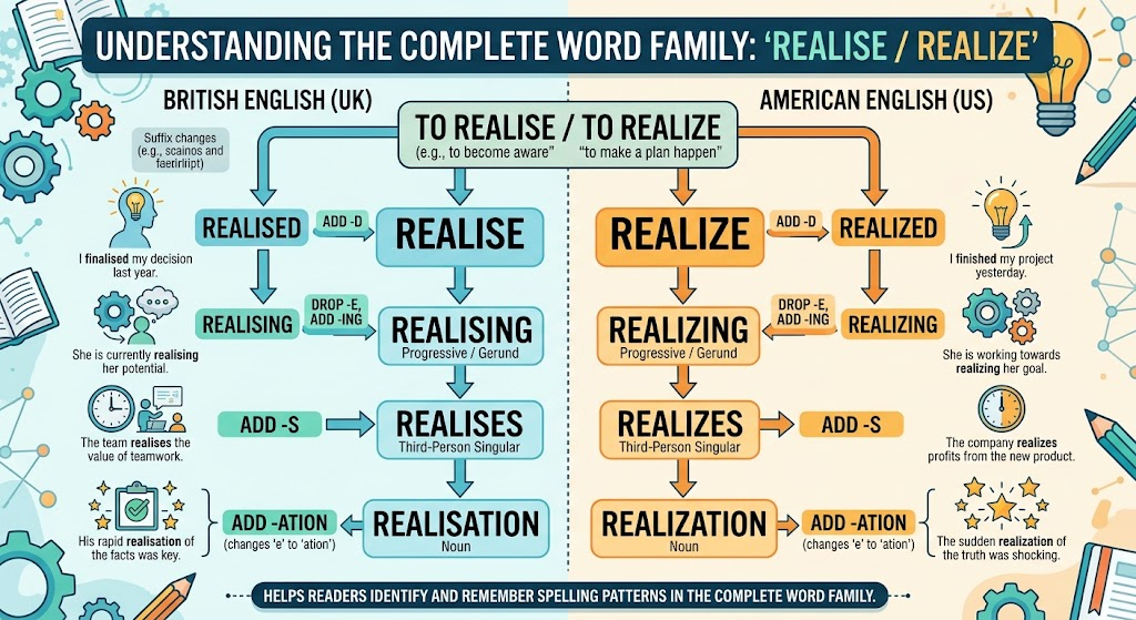 Word family chart showing British and American forms of realise and realize.