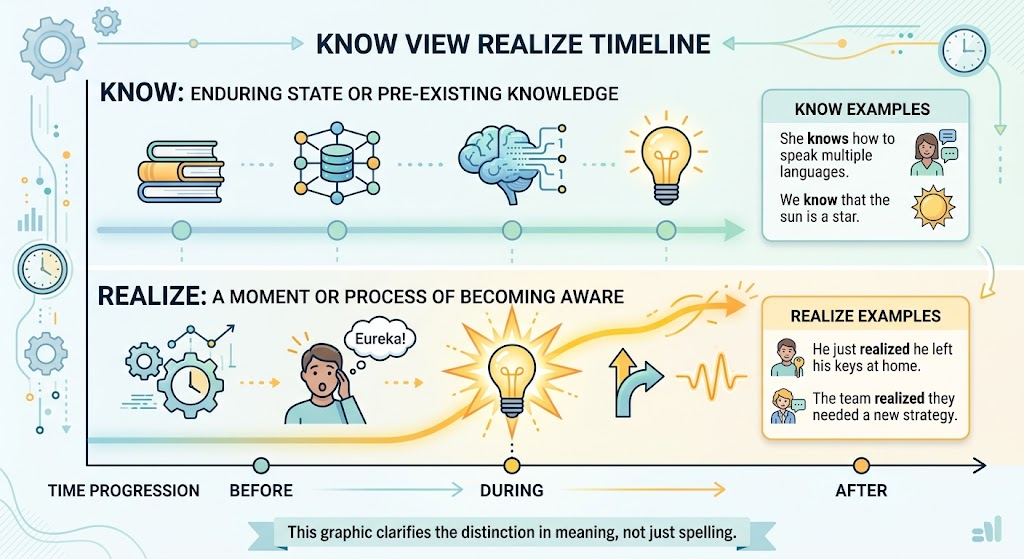 Timeline comparing knowing something with suddenly realizing something.