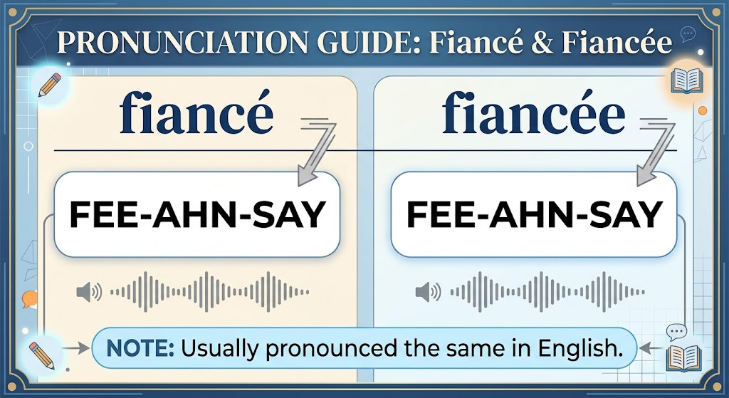 A pronunciation guide showing that fiancé and fiancée are usually pronounced alike in English.