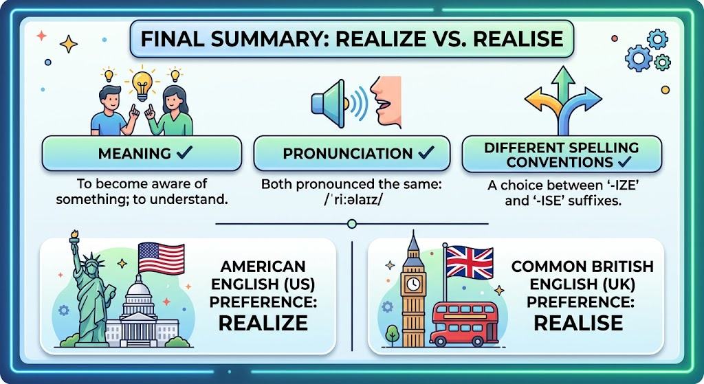 Summary graphic explaining that realise and realize have the same meaning but different spelling conventions.