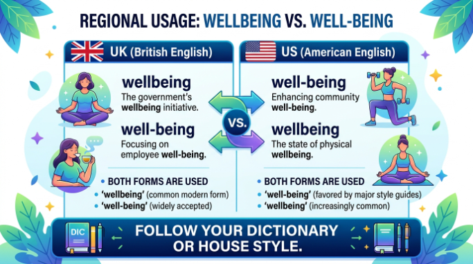 UK and US spelling guide showing accepted use of wellbeing and well-being.