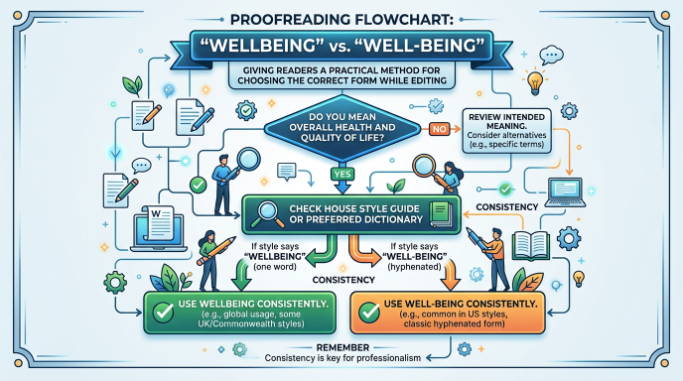 Flowchart for choosing between wellbeing and well-being based on writing style.