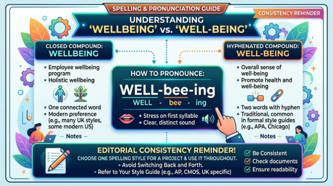 Educational graphic showing the pronunciation and accepted spellings of wellbeing.
