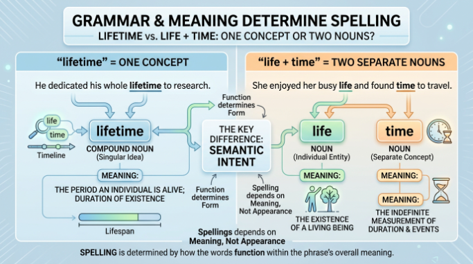 Diagram showing lifetime as one concept and life plus time as two separate nouns in a sentence.