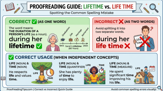 Correct and incorrect examples showing when lifetime should be one word.