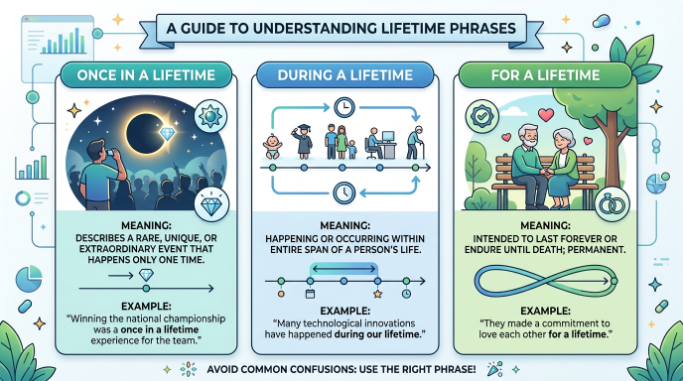 Comparison of three common English expressions that use the word lifetime.