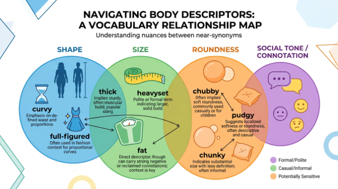 Vocabulary map comparing body-description words by shape, size, roundness, and tone.