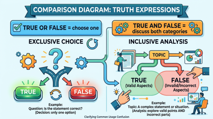 Comparison showing when to use true or false and when to use true and false.