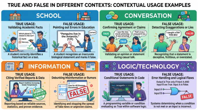 Examples of true and false used in school, conversation, information, and logic.