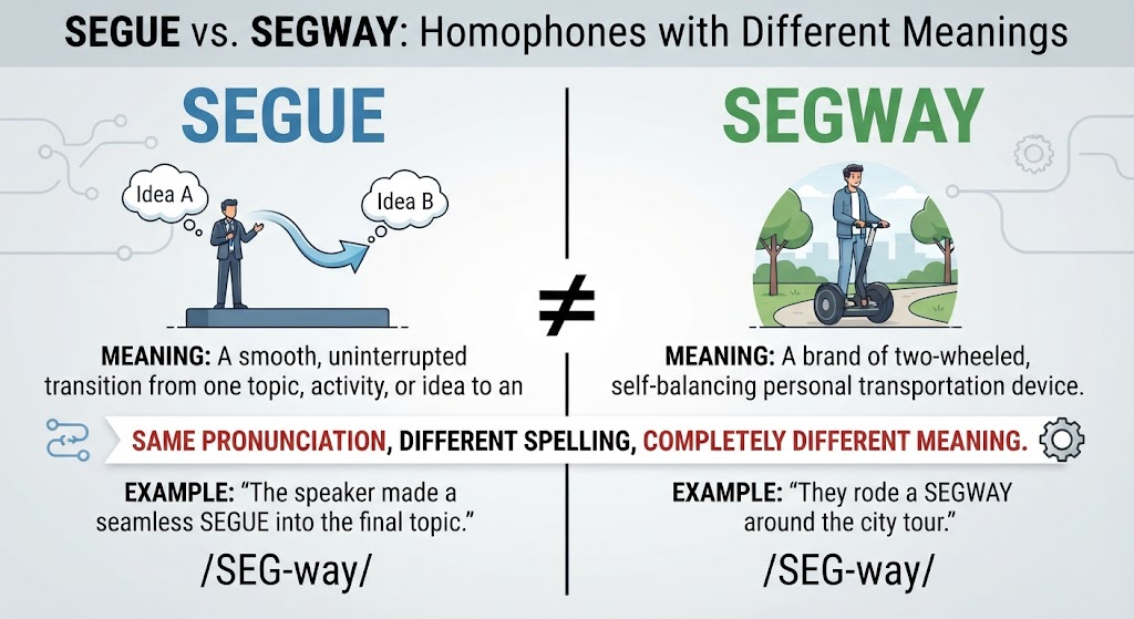 Educational comparison showing segue as a transition and Segway as a personal transportation brand.