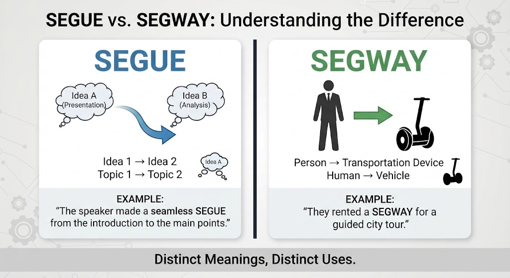 Diagram contrasting a smooth transition between topics with a personal transportation device.