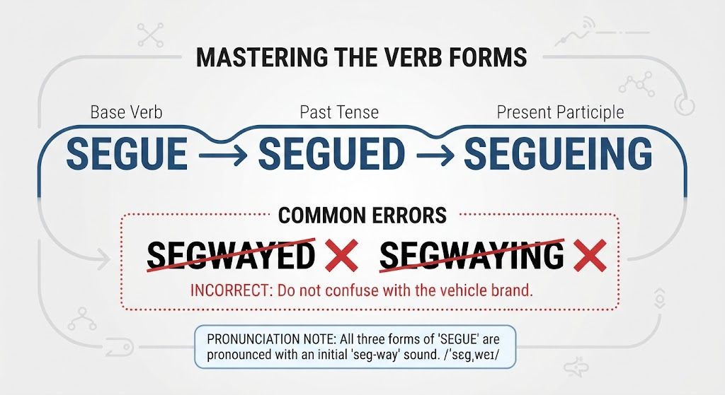 Spelling guide showing the correct forms segued and segueing alongside incorrect segwayed and segwaying.