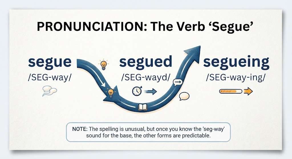 Pronunciation guide for segue, segued, and segueing.