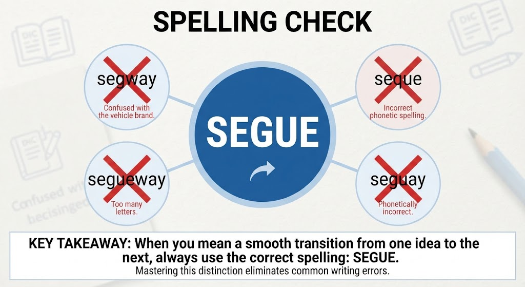 Spelling guide showing segue as the correct word for a smooth transition.