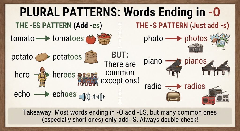Word formation diagram comparing nouns that form plurals with es and nouns ending in o that take s.