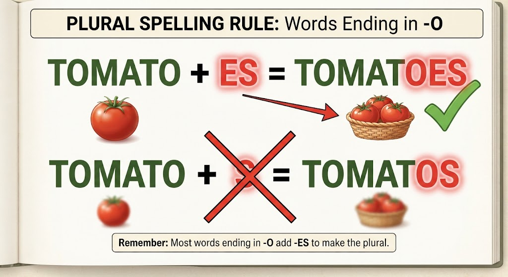 Spelling diagram showing that the plural of tomato is formed by adding es.
