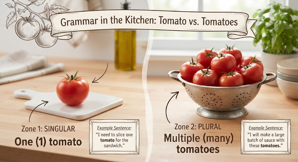 One tomato and several tomatoes labeled to show singular and plural usage.