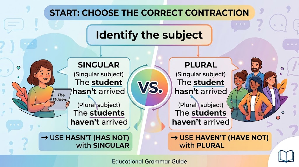 Two example sentences showing how a singular subject uses hasn't and a plural subject uses haven't.