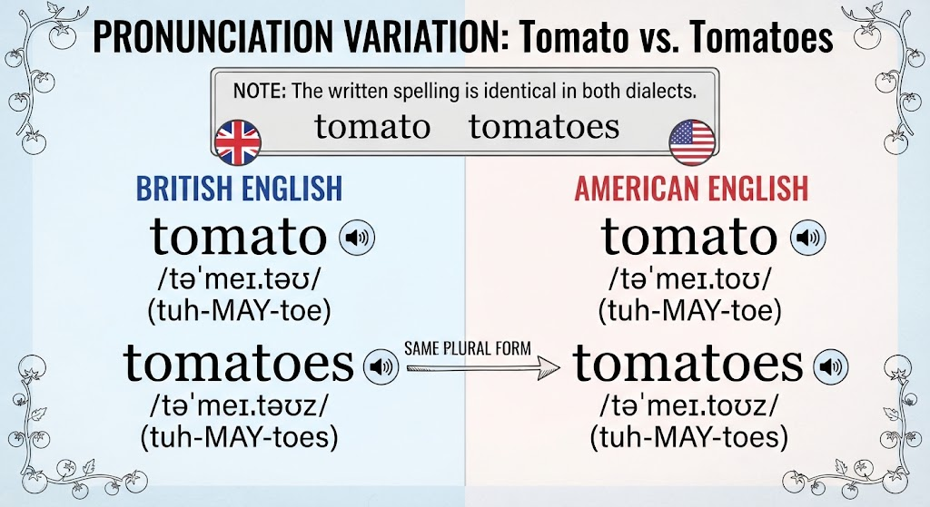 British and American pronunciation comparison showing identical tomato and tomatoes spellings.