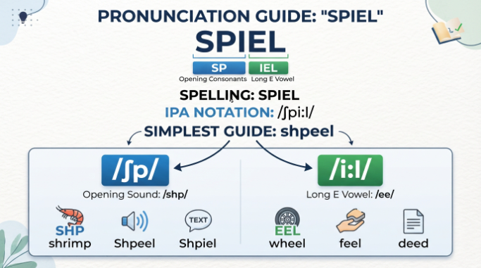Pronunciation guide showing the spelling and sound of the word spiel.