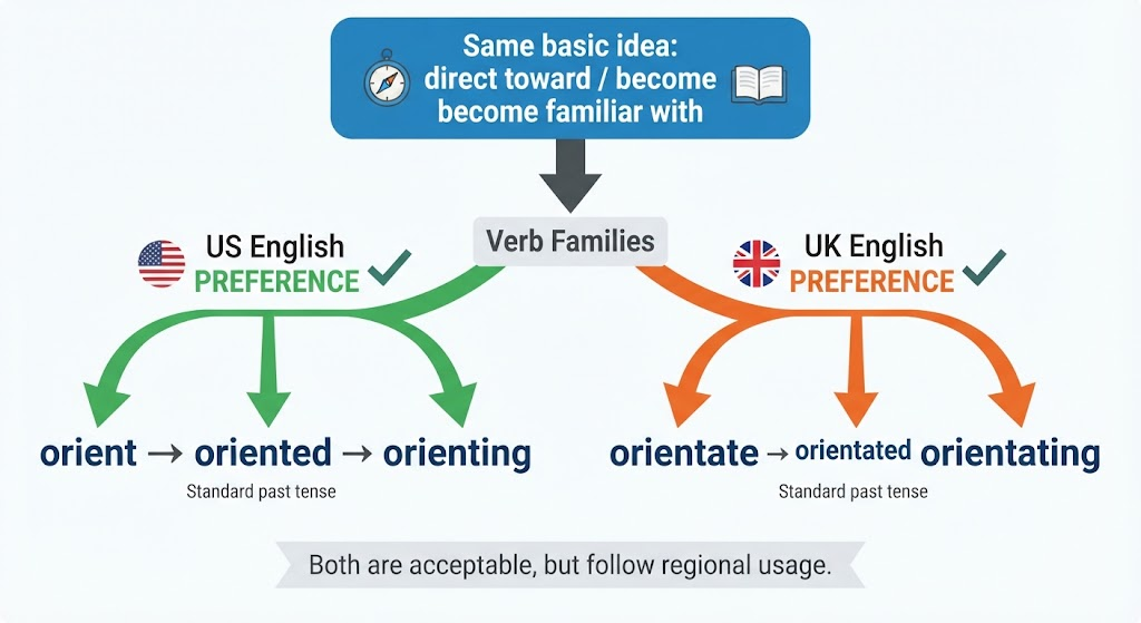 A verb-family diagram showing orient and orientate with their corresponding past and participle forms.