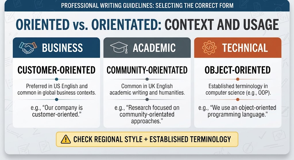 Professional writing examples comparing oriented and orientated across business, academic, and technical contexts.