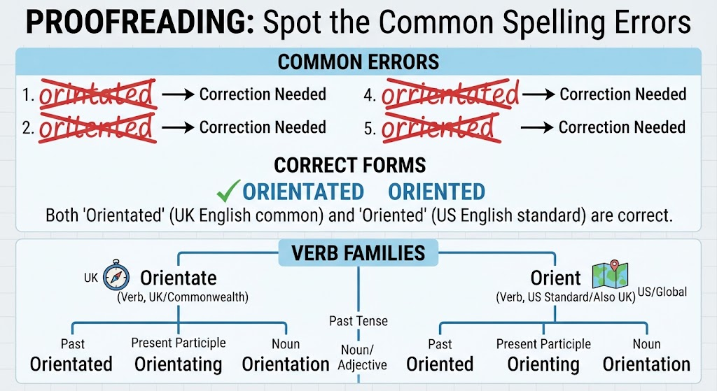 A proofreading graphic correcting common misspellings of oriented and orientated.