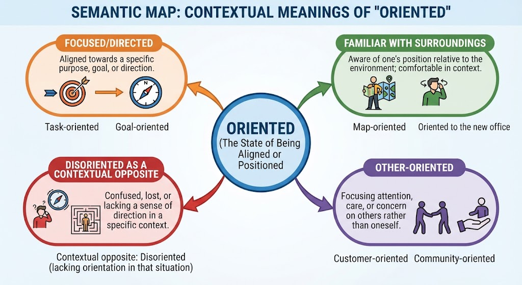 A semantic map showing different meanings and contextual contrasts of oriented.