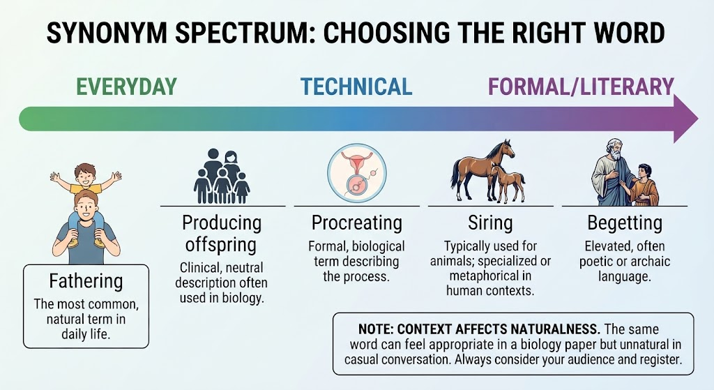 Register comparison of synonyms for siring, including fathering and procreating.