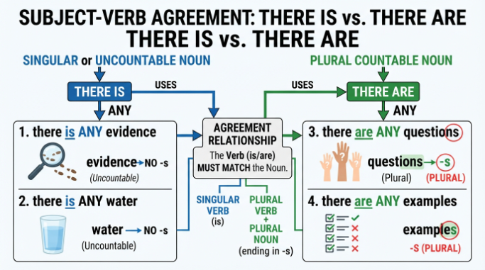 An annotated grammar diagram linking “there is” with uncountable nouns and “there are” with plural countable nouns.