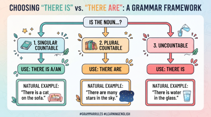 A decision tree showing how singular, plural, and uncountable nouns determine the form of “there is” or “there are.”