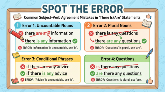 Common grammar mistakes involving “there is,” “there are,” and “any,” with corrected sentences.