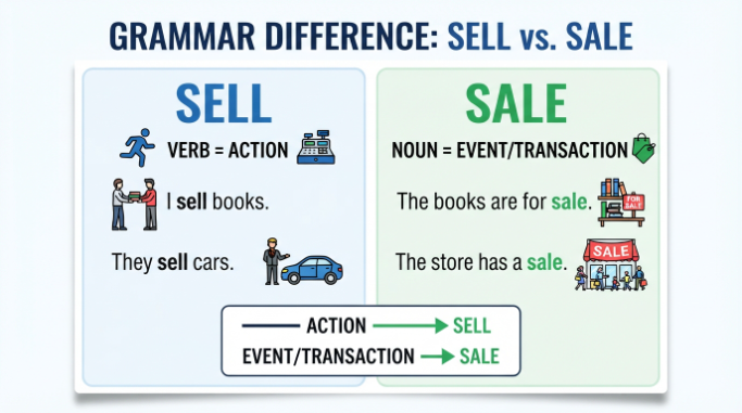 A comparison graphic showing sell as a verb for an action and sale as a noun for a transaction or selling event.