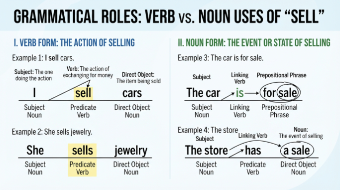 Annotated sentences demonstrating different grammatical uses of sell, sells, and sale.