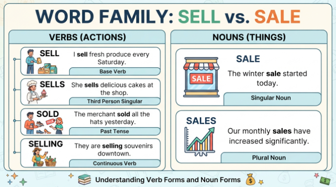 Word family chart showing sell, sells, sold, selling, sale, and sales with example sentences.