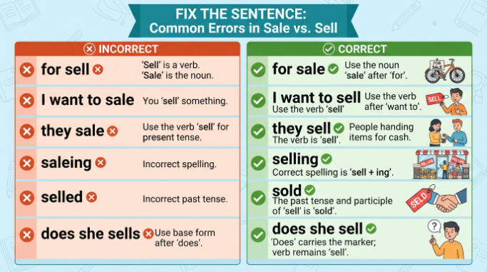 Common sell and sale mistakes shown alongside their corrected forms.