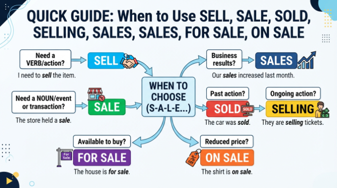 Decision tree for choosing between sell, sale, sold, selling, and sales.