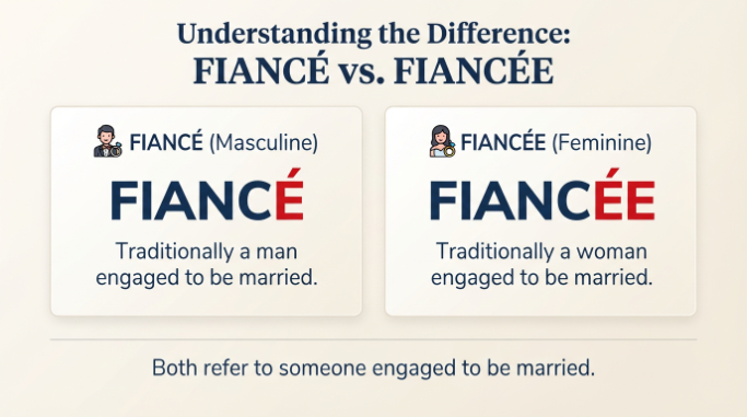 Educational comparison showing fiancé for a man and fiancée for a woman.