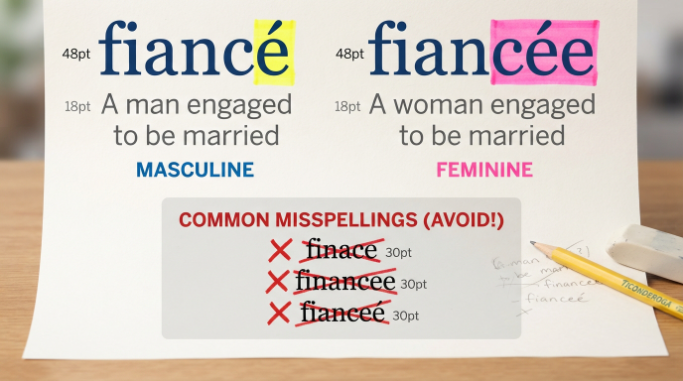 Spelling comparison highlighting the different endings in fiancé and fiancée.