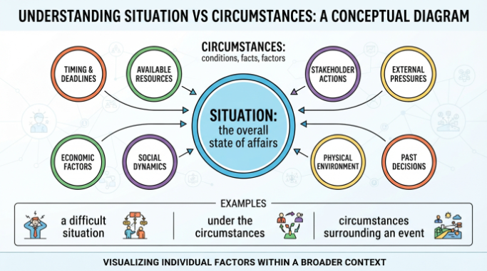 Diagram showing a situation as the overall state of affairs surrounded by individual circumstances.