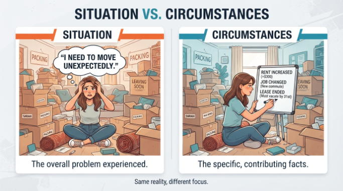 Side-by-side example showing an overall situation and the individual circumstances affecting it.