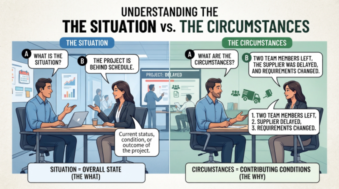 Dialogue illustrating the difference between asking about a situation and asking about its surrounding circumstances.